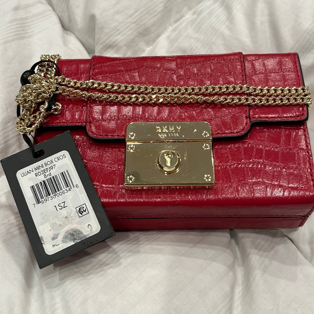 DKNY Lilian Croc Mini Box Leather Chain Satchel Crossbody